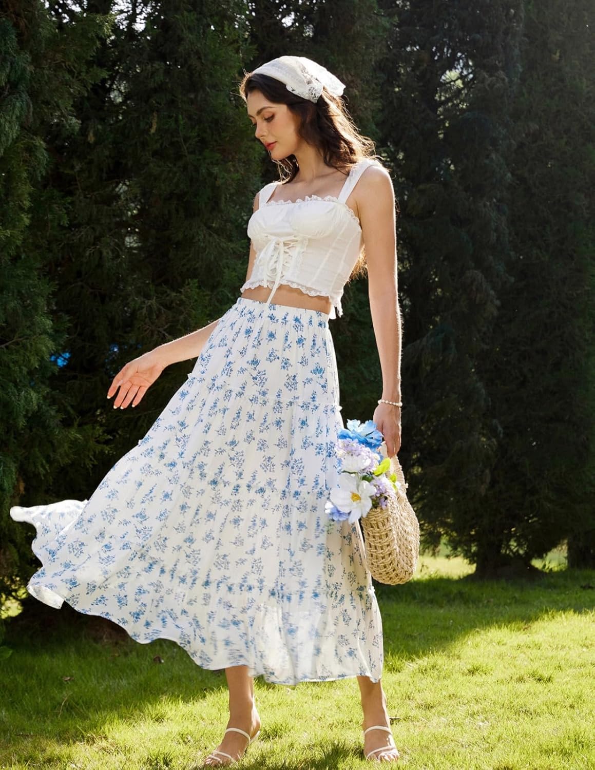 Scarlet Darkness Floral Maxi Long Skirts for Women Summer 2026 Tiered Skirt Flowy Boho Fairy Skirt with Pockets - Image 5