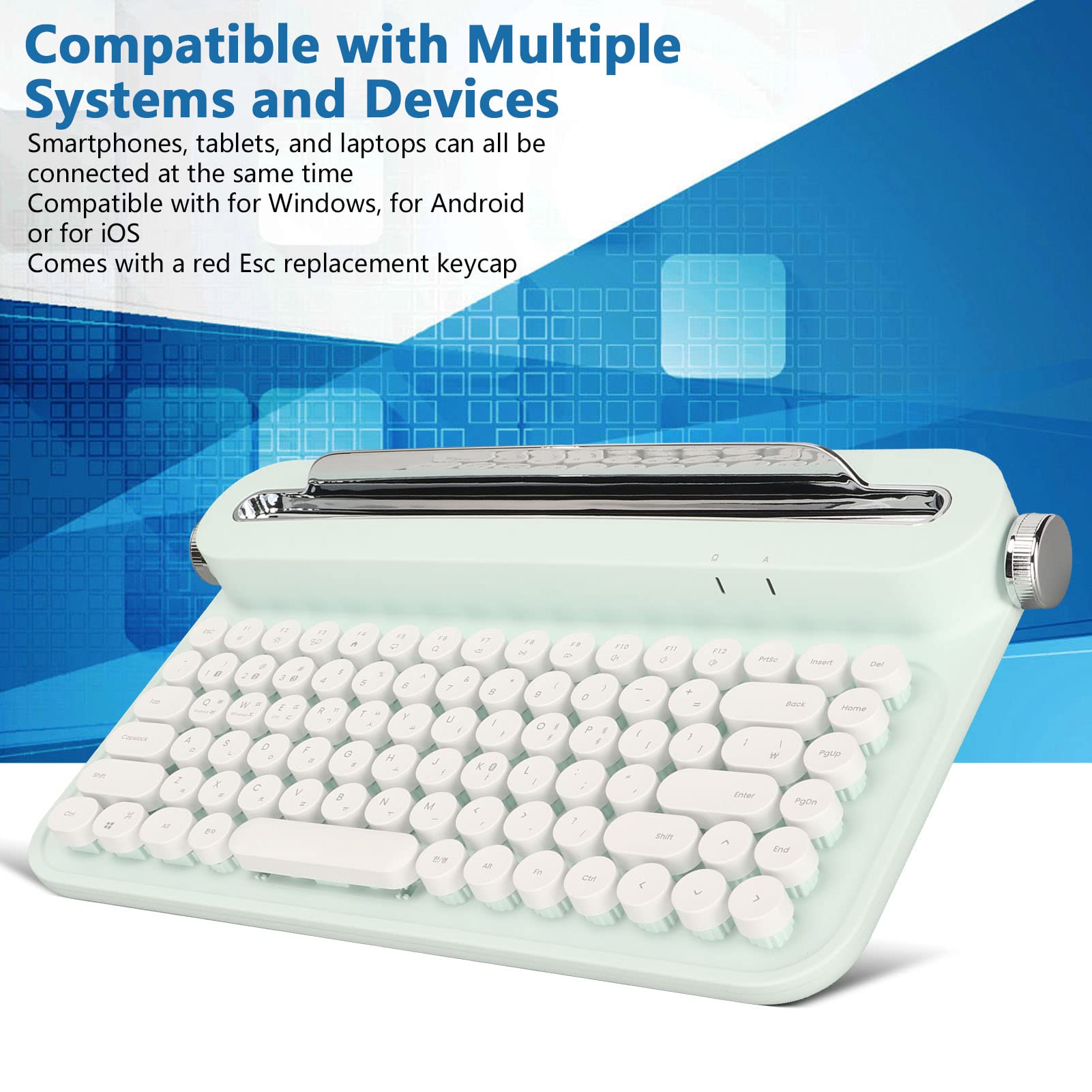 Dpofirs Tastiera da scrivere retrò, 86 tasti, tastiera Bluetooth vintage, tastiera portatile senza fili con supporto integrato per Windows per iOS (verde menta)