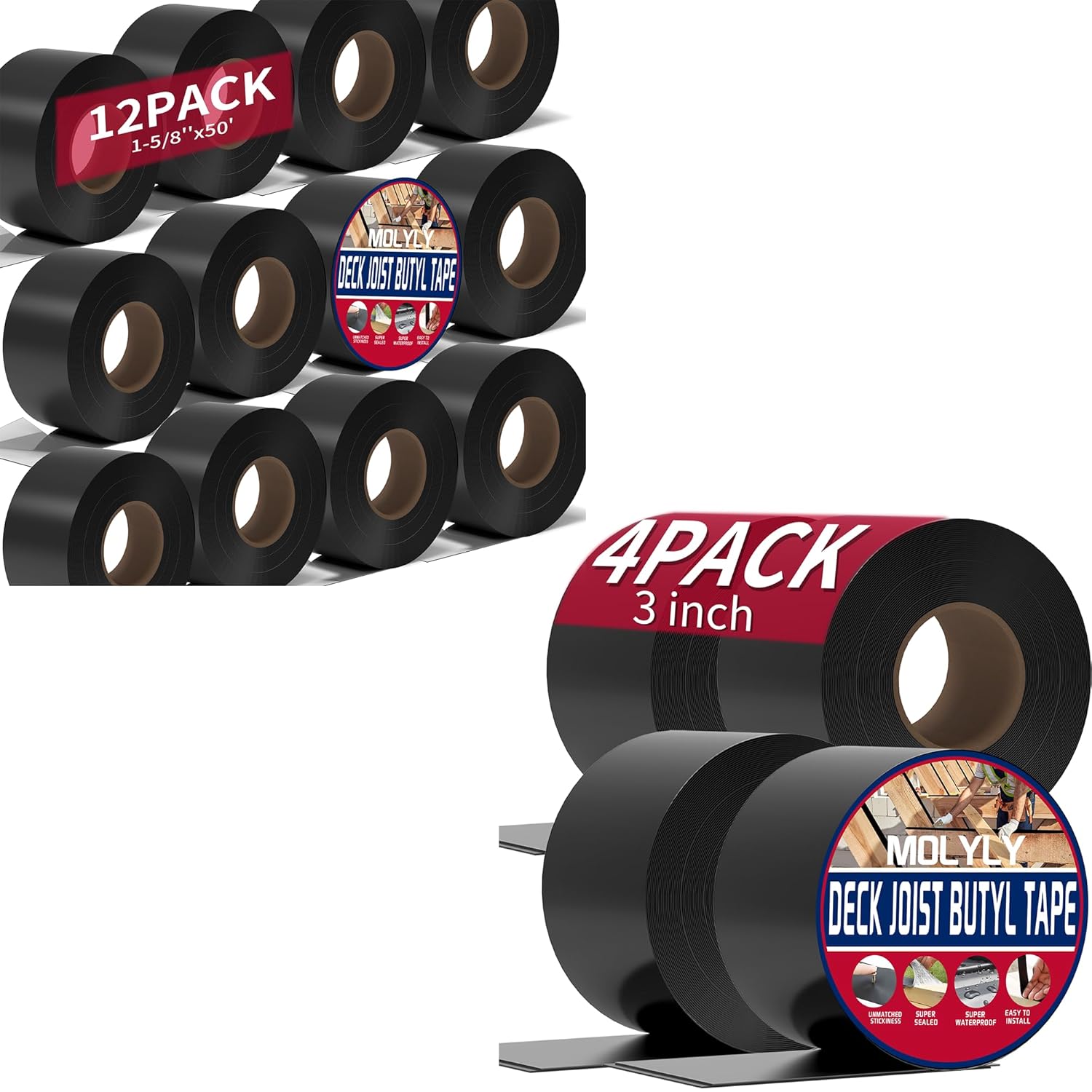 4Pack 3" X 50' Tape and 12 Pack 1-5/8" X 50' Joist Tape for Decking，Beams, and More
