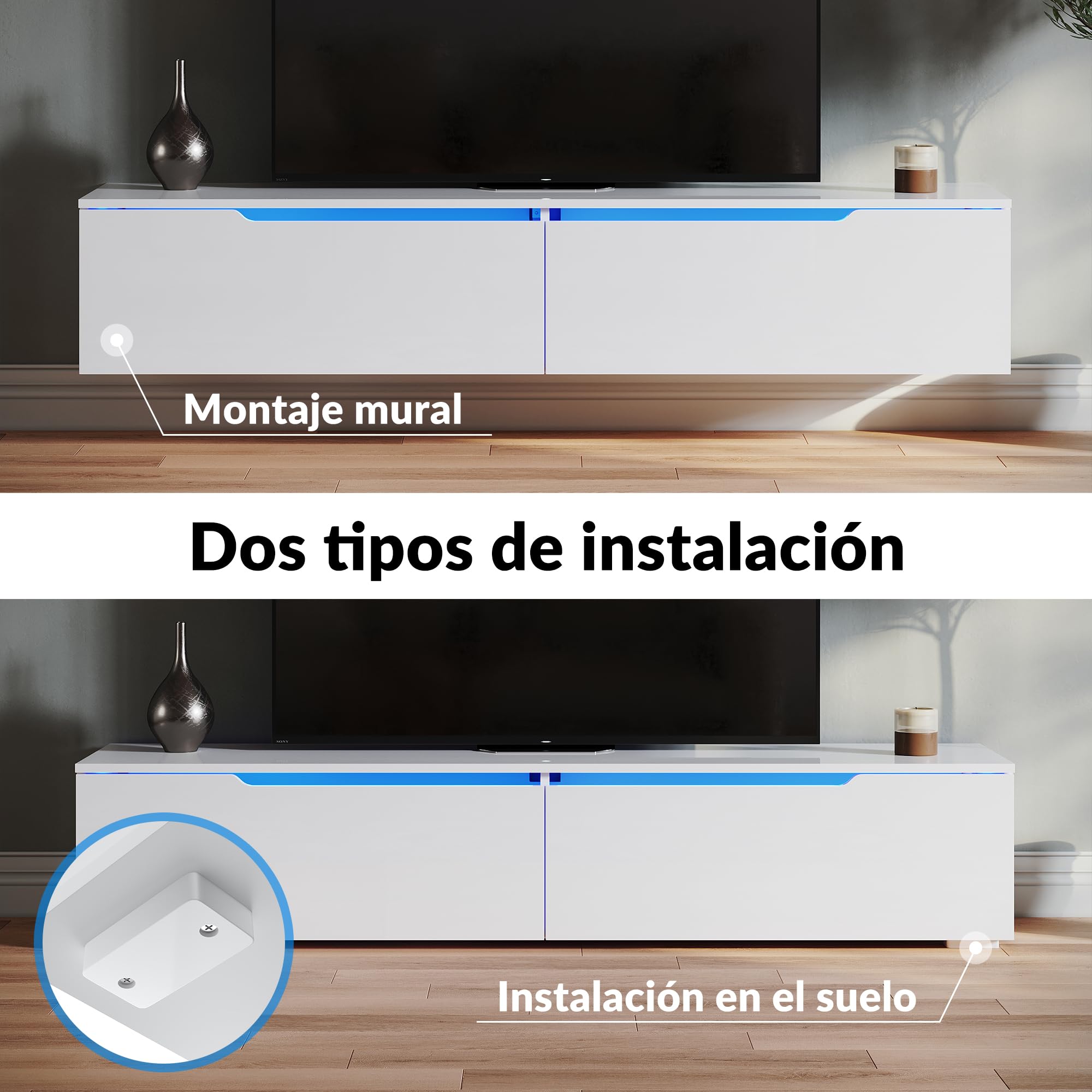 SONNI Mueble TV con Luz LED Regulables de 12 Colores,Mueble de Salón Blanco 160x35x30cm