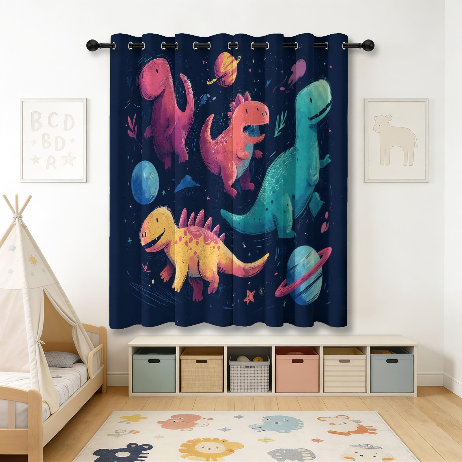 Isolant Anti-Froid Épais, Rideaux Thermiques 91.5L X 160H cm (2 Panneaux), Dinosaure De Dessin Animé Espace pour Chambre d'enfant, Coloré