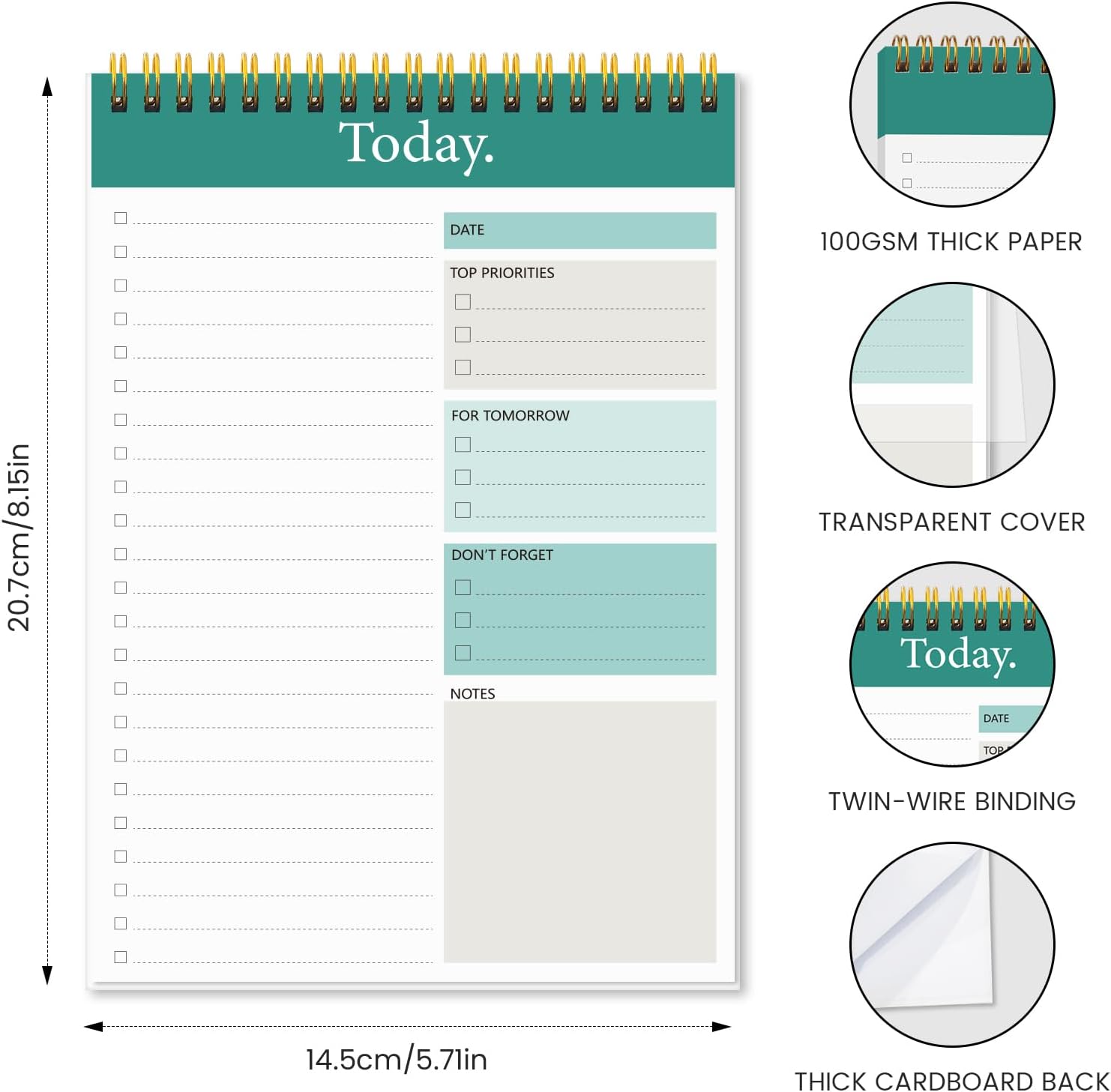 KMQOY To Do List Notepad - Daily Planner Pad Undated 52 Sheets Spiral Today Planner Note Pad Premium Thick Paper 6.5" x 9.8" For Work and Personal Organized - Green - Image 4