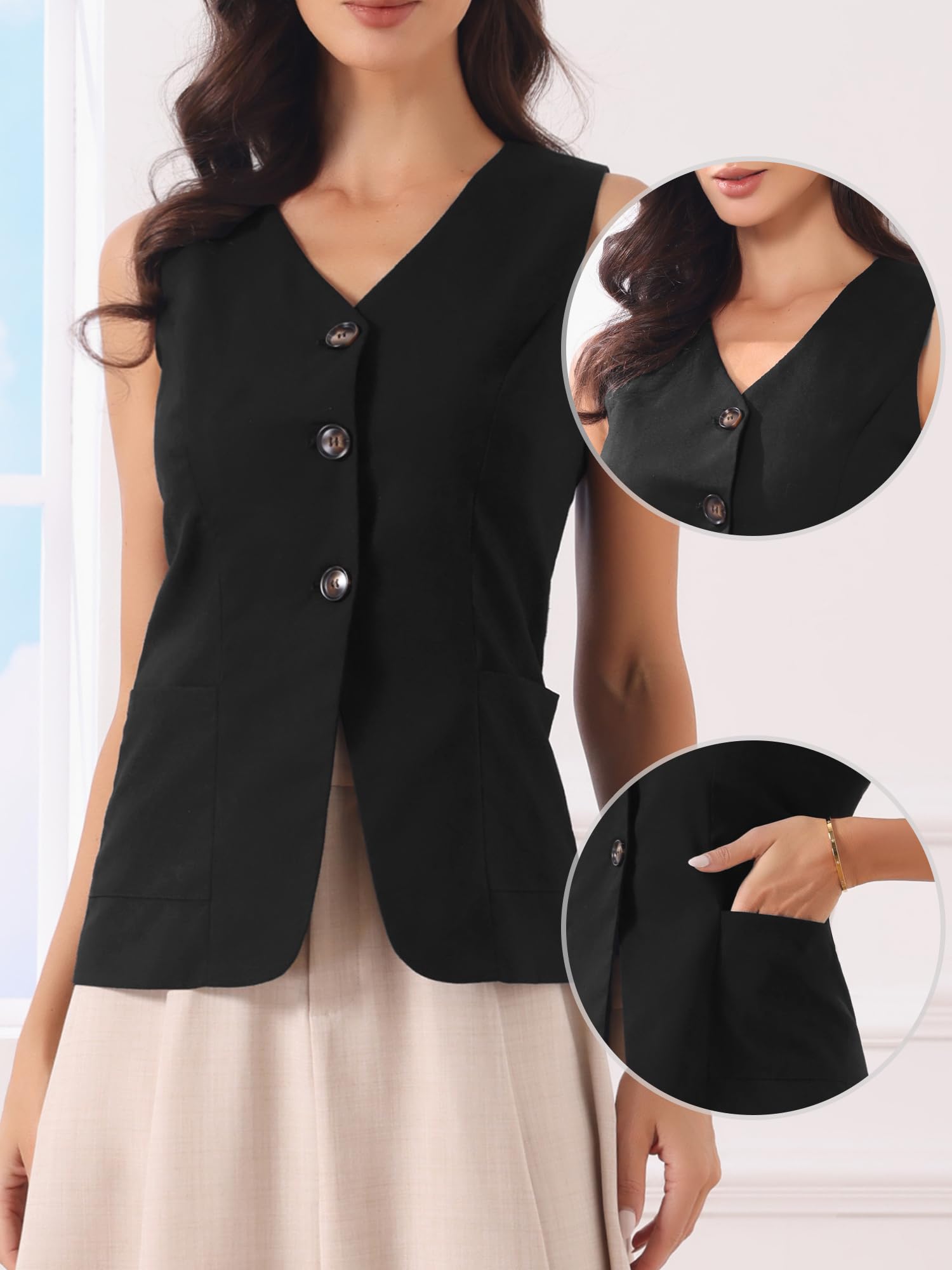 Allegra K Damen Weste Ärmellos Baumwolle Sommer Knopfleiste V-Ausschnitt Blazer Top