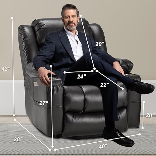 Miniatura 2 de Silla reclinable grande de piel auténtica para personas mayores con función de masaje y calefacción, silla Lazy Boy con portavasos, puertos USB,