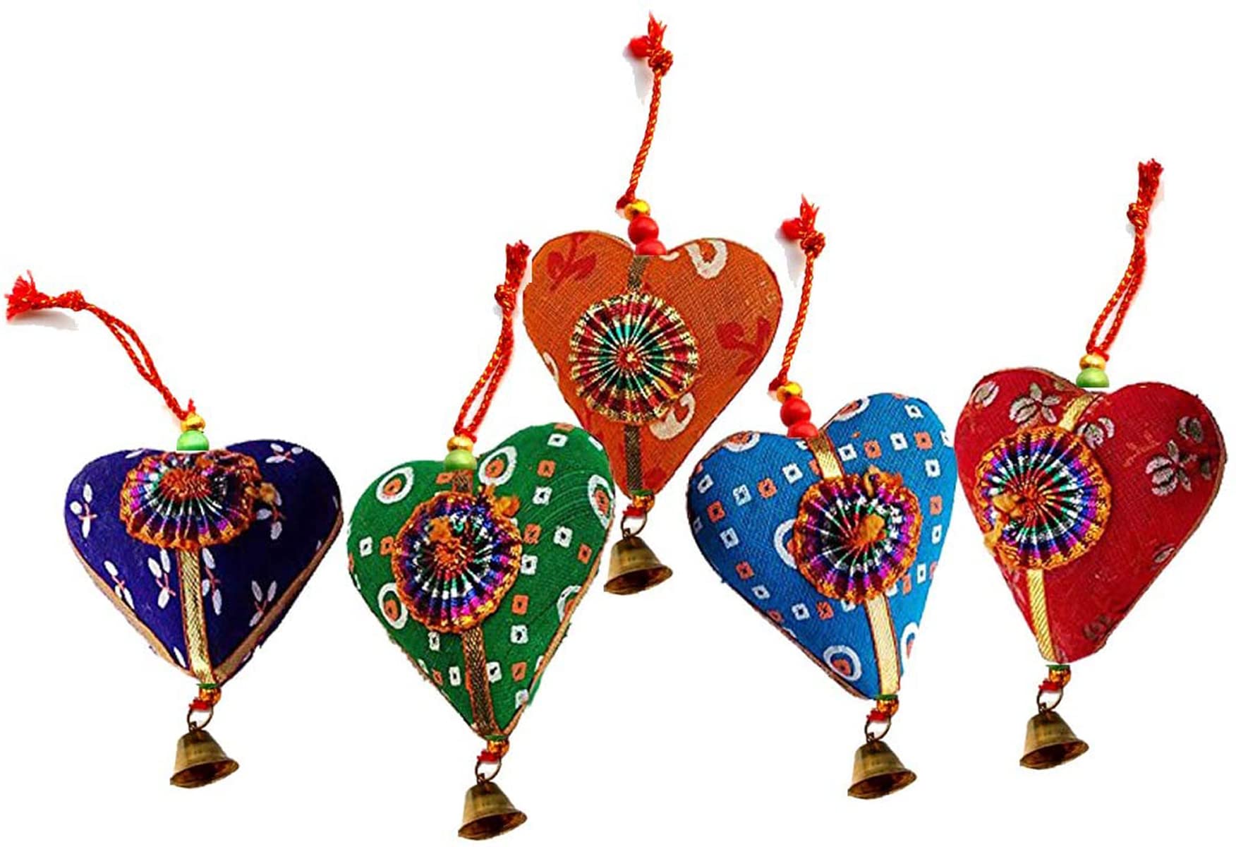 Rastogi Handicrafts Set of 5 Multi Colored Elephant,Bird,Camel,Heart,Bell,Umbrella Festival Decorative Collectible Fabric Animals Or (Hearts)