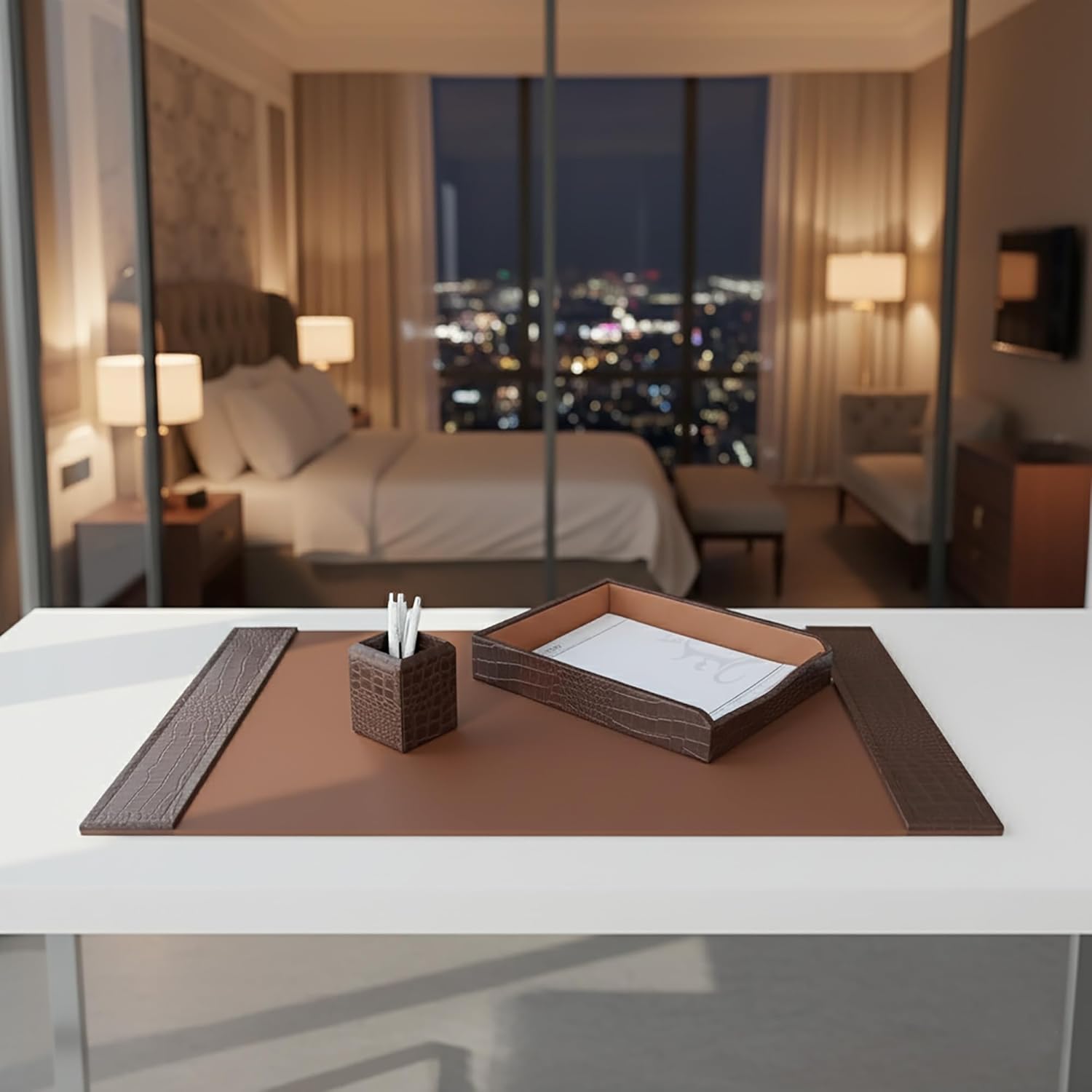 Dacasso Brown Crocodile Embossed Leather Desk Set, 3-Piece