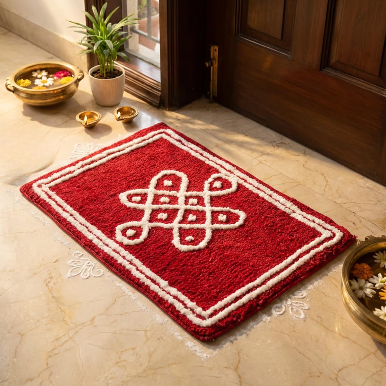 Red Kolam Design Door Mat, Traditional Indian Rangoli Pattern, Entrance Rug-image-29