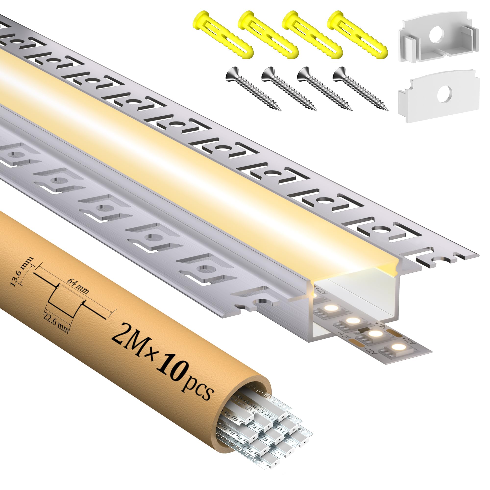 LED Trockenbauprofil 2m × 10 – Alu Unterputz Profil 28x13.8mm für Streifen bis 21mm – Led unterputz profil trockenbau Aluminium Profile Schiene Kanäle Leiste Diffusor mit Abdeckung & Clips