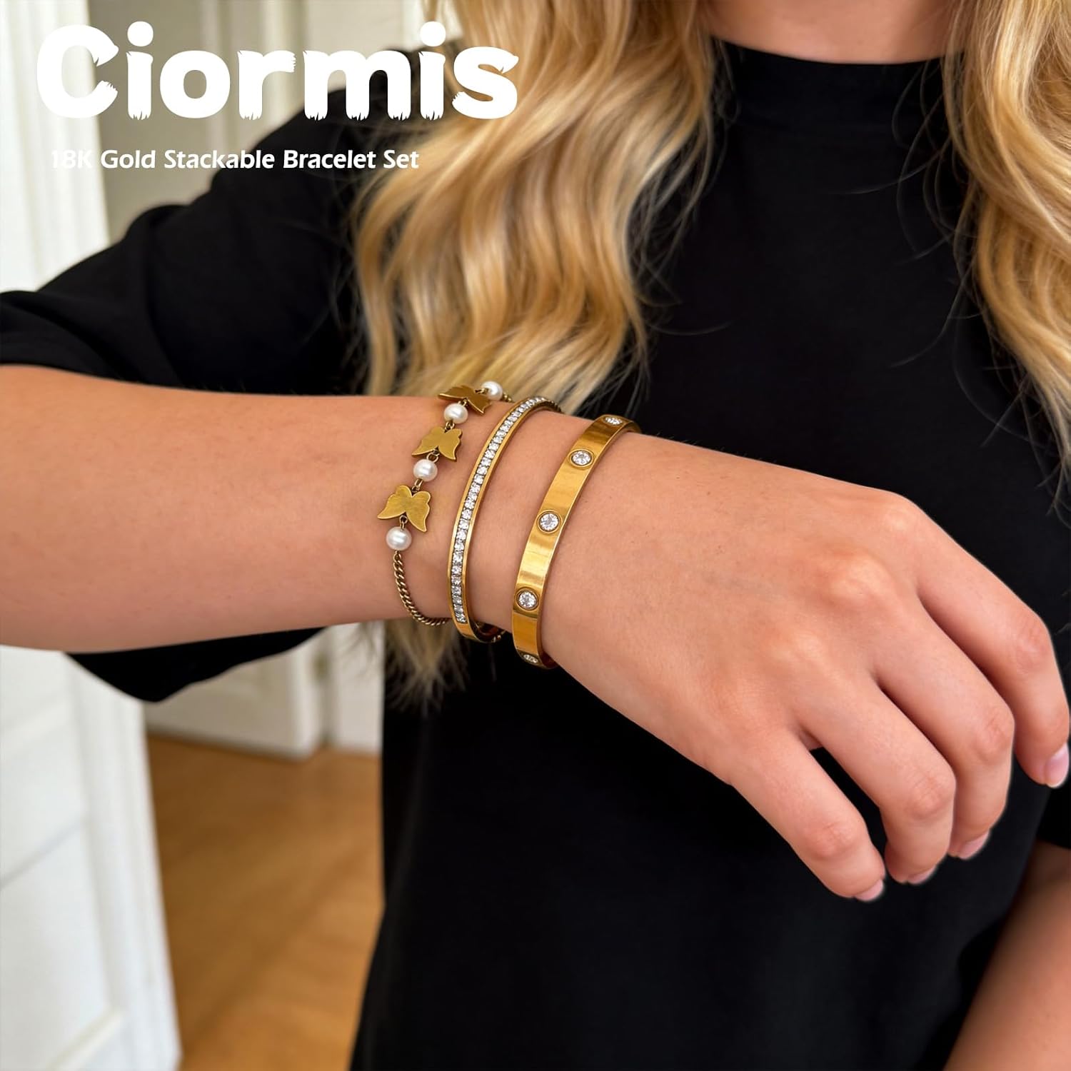 Ciormis 18K Gold Plated Bangle Bracelet Set for Women Stackable Gold Clover Women Bangle Bracelets Trendy Gift Jewelry for Christmas Anniversary - Image 6