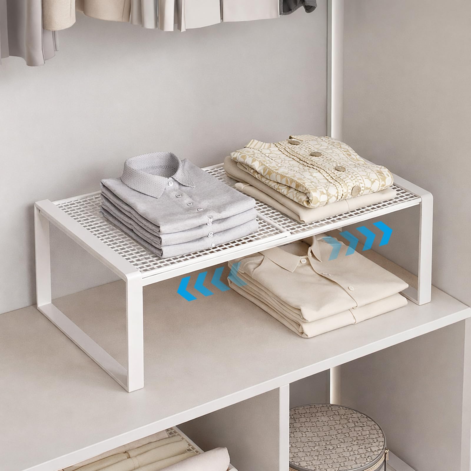 Organizer per armadio impilabile, estensibile, sistema di scaffali in metallo senza foratura, per cucina, bagno e scarpiera, salvaspazio e regolabile, bianco (bianco, lunghezza: 27-38 cm, larghezza