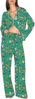 Christmas Pajamas Womens Long Sleeve Button Down Sleepwear Holiday Matching Pjs Comfy Long Pants Lounge Set S-XXL