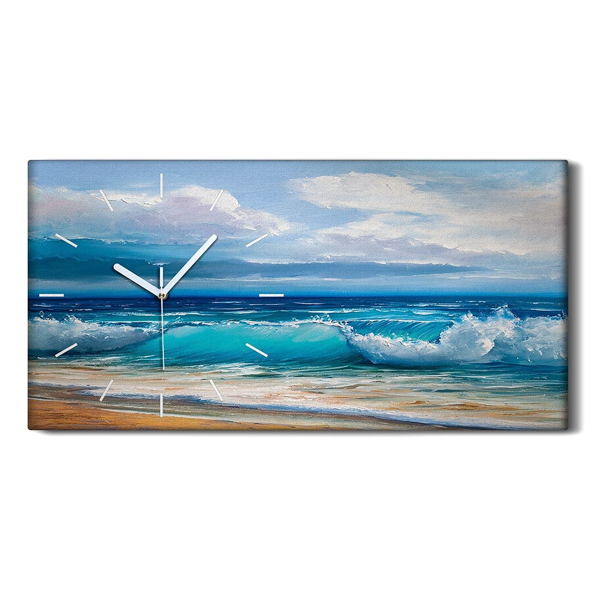 Horloge sur toile 60x30cm la mer waves moam avec mains blanches de salon
