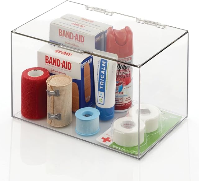 mDesign Storage Box Stackable Plastic Container with Hinged Lid Bathroom Organiser Box for Toiletries, Cosmetics and Beauty Products Clear