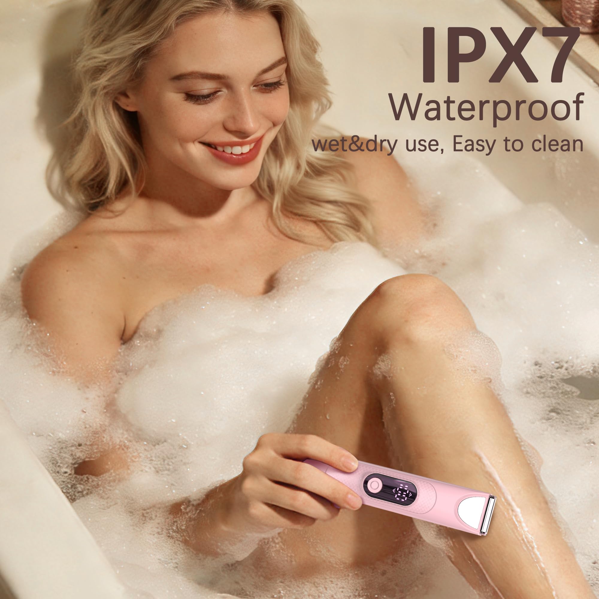 Elektrisch Rasierer Damen, 3-in-1- Elektrischer Trimmer Intimrasierer für Frauen, für Bikinizone Achseln Beine Gesicht mit LED-Anzeige, Wiederaufladbarer Damenrasierer Elektrisch Nass & Trocken, Rosa