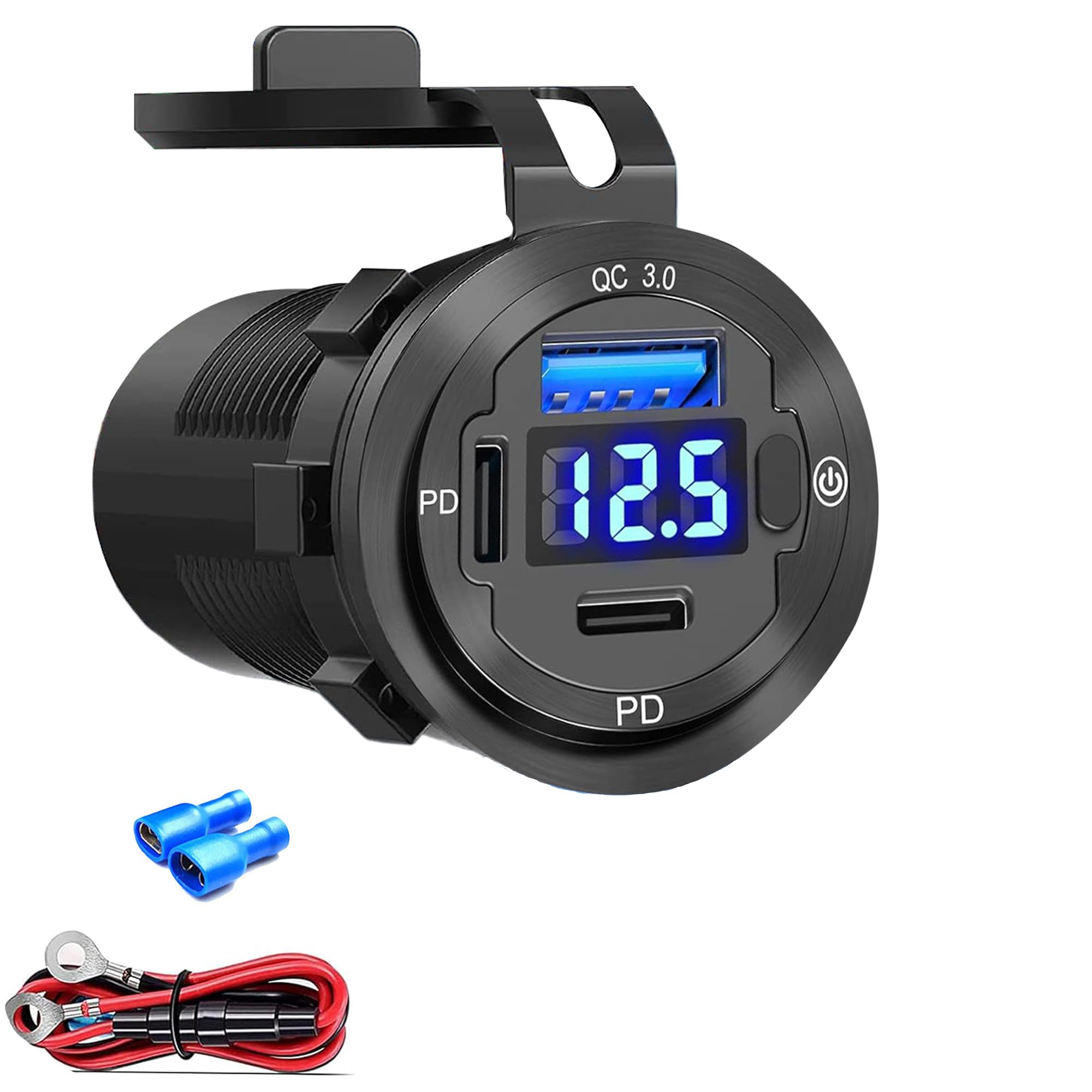 12V USB Car Socket, 3-Port Marine Aluminum USB Quick Charge Waterproof Cigarette Round USB C 12V Outlet for Car Golf Cart Boat Marine Bus Truck RV