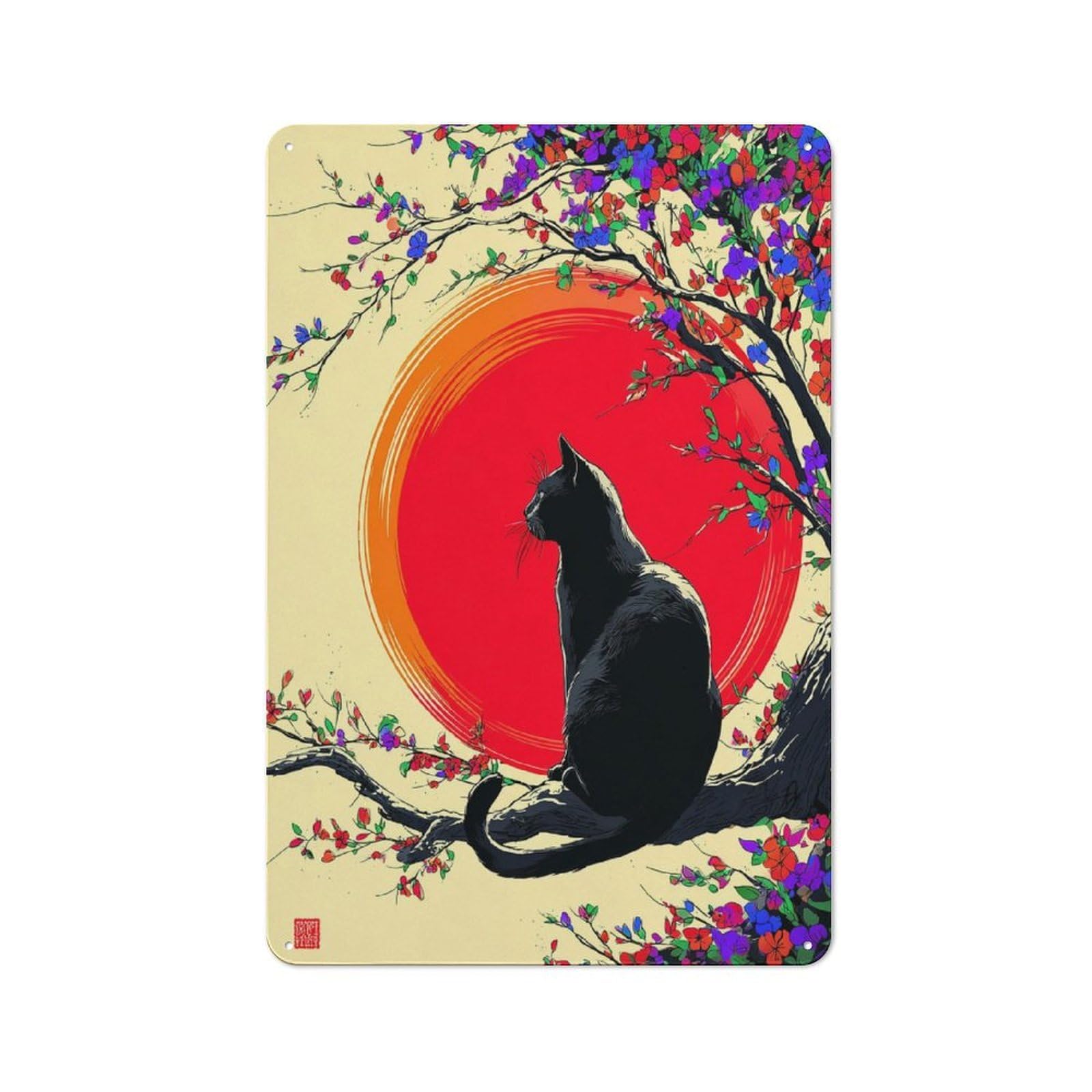 Junmoney Black Cat Sunset Serenity Retro Metal Sign With Design 30X20cm, Distressed Look Retro Room Decor For Living Room, Hallway, Kitchen Or Cafe