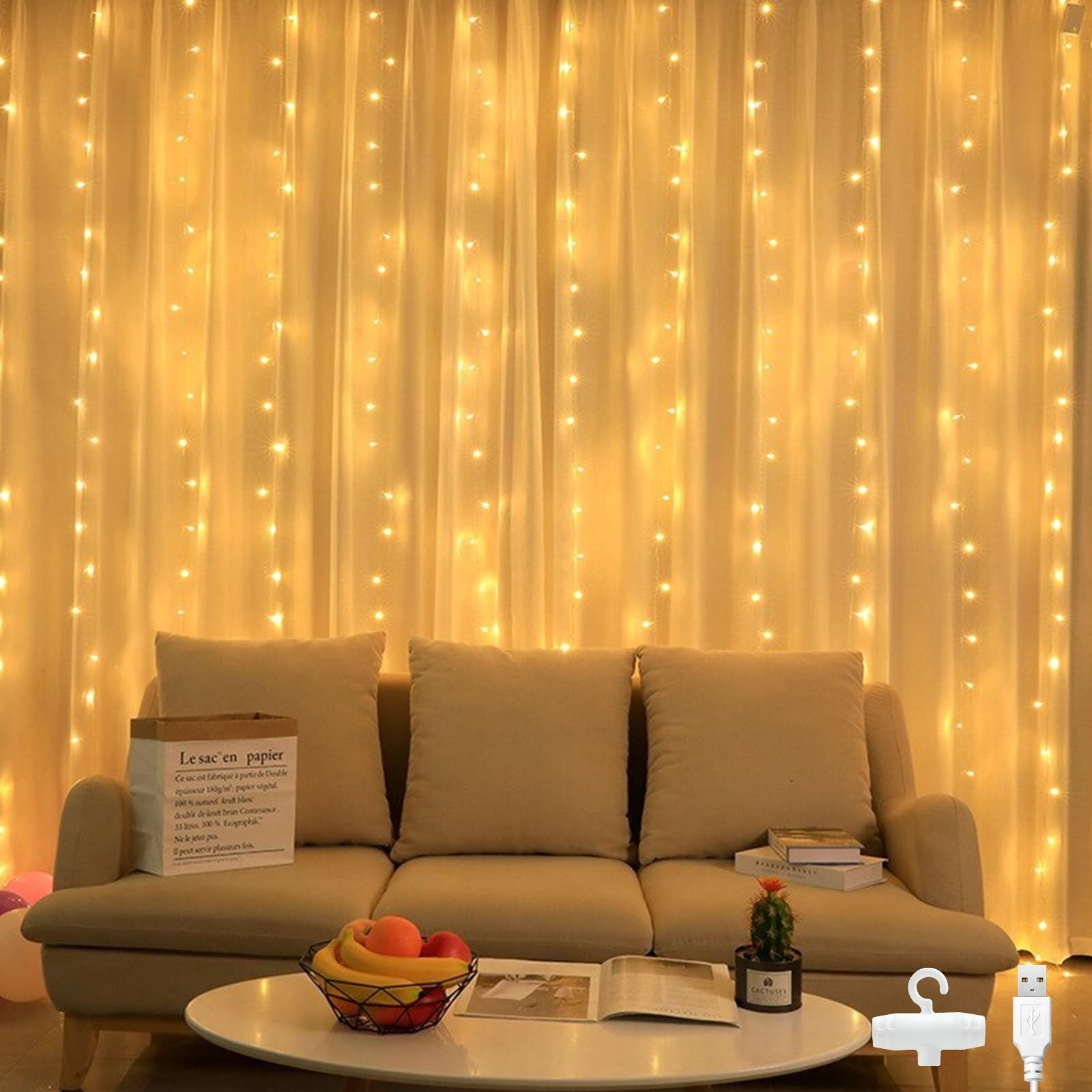 Bigzom cortina luces 2x1m 100LED, cortina de luces navidad USB cortina de luces con 10 ganchos IP65 para dormitorio partido decoracion navidad