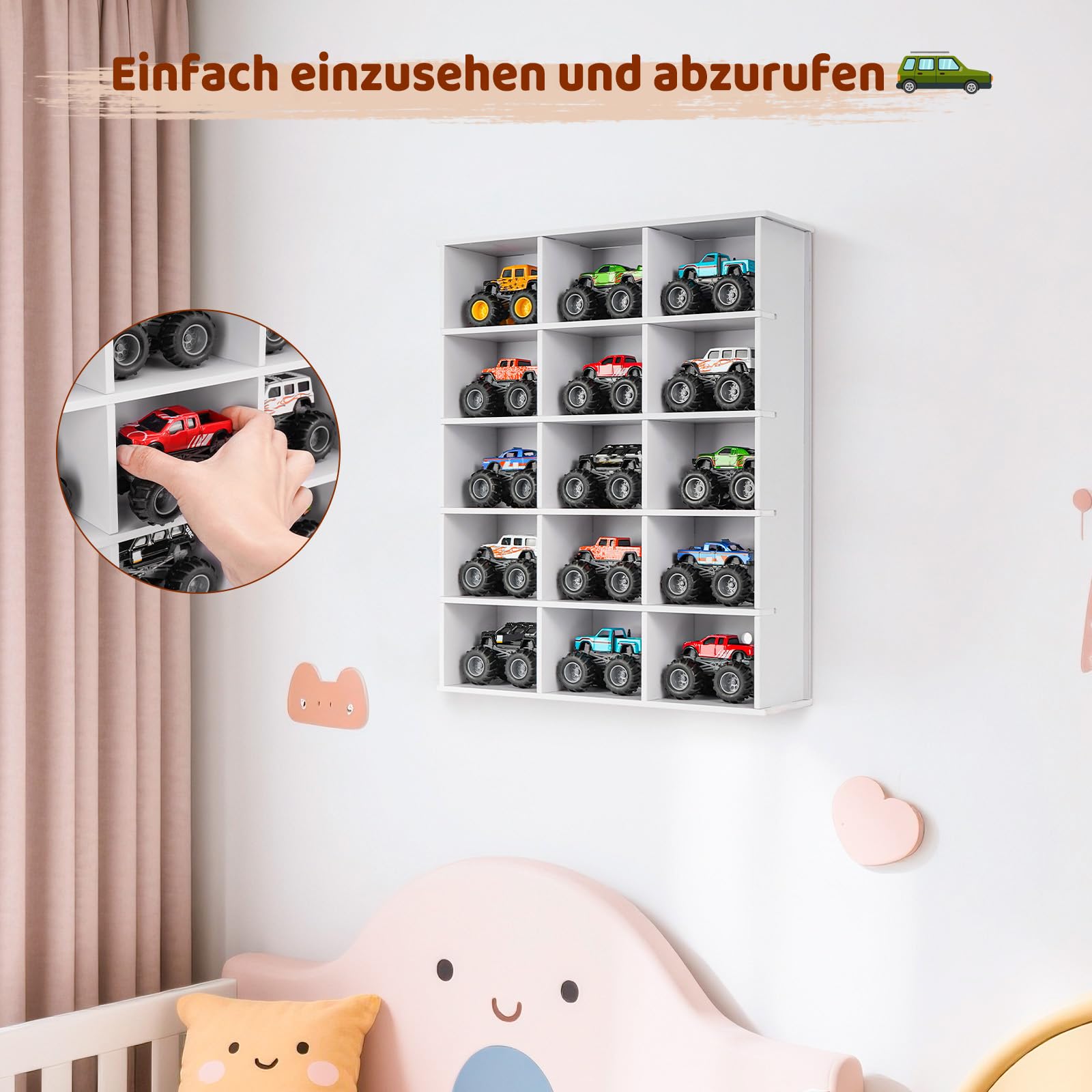 Krafetto Monster Truck Schaukasten mit 15 Fächern, Spielzeugauto Aufbewahrung und Display-Regal für Monster Trucks und Modellautos, Wandregal/Standregal fürs Kinderzimmer, Weiß 2 Stück