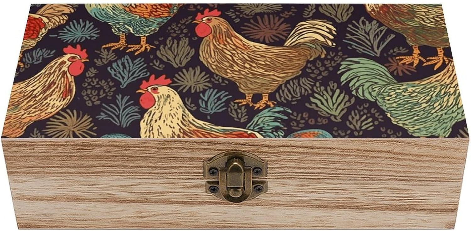 Chicken Print Wooden Box with Hinged Lid, Wooden Treasure Chest Boxes for Home, Jewelry Wooden Storage Case for Women Men, Large Wooden Crates, 7.9'' X 3.9'' X2.3''
