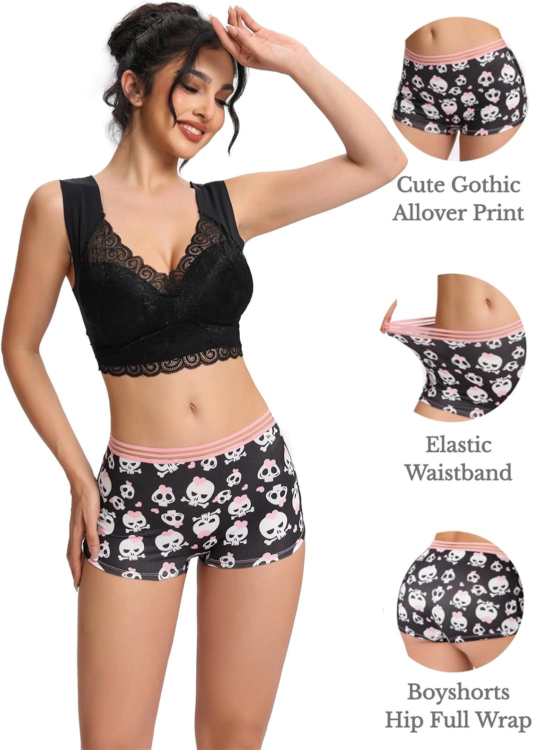 Morvia Gothic Halloween Print Boyshorts Underwear, 6 Pack, High Waist Contrast Elastic Band, Black Red Skull Spooky Patterns - Image 3