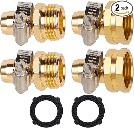 Biswing Garden Hose Repair Connector with Clamps, 5/8" Barb x 3/4" GHT Thread Aluminum Water Hose Pipe Repair Kit, Female and Male Hose Connectors with Stainless Steel Clamp, 2 Pack