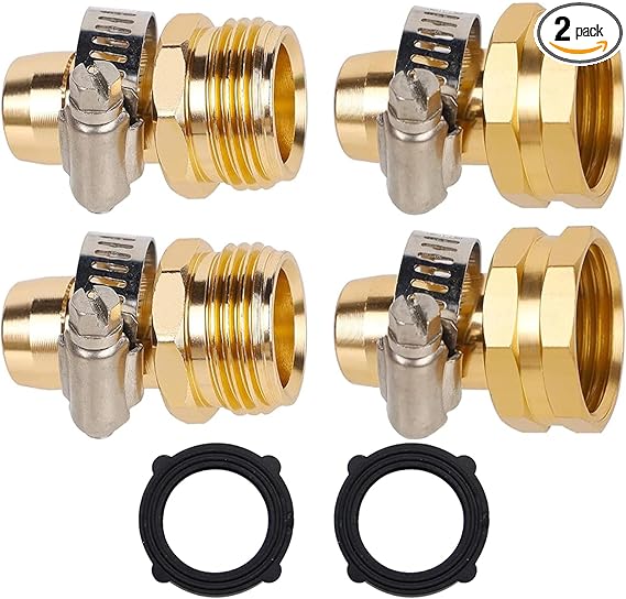 Biswing Garden Hose Repair Connector with Clamps, 5/8" Barb x 3/4" GHT Thread Aluminum Water Hose Pipe Repair Kit, Female and Male Hose Connectors with Stainless Steel Clamp, 2 Pack