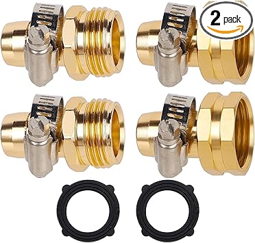 Biswing Garden Hose Repair Connector with Clamps, 5/8" Barb x 3/4" GHT Thread Aluminum Water Hose Pipe Repair Kit, Female and Male Hose Connectors with Stainless Steel Clamp, 2 Pack