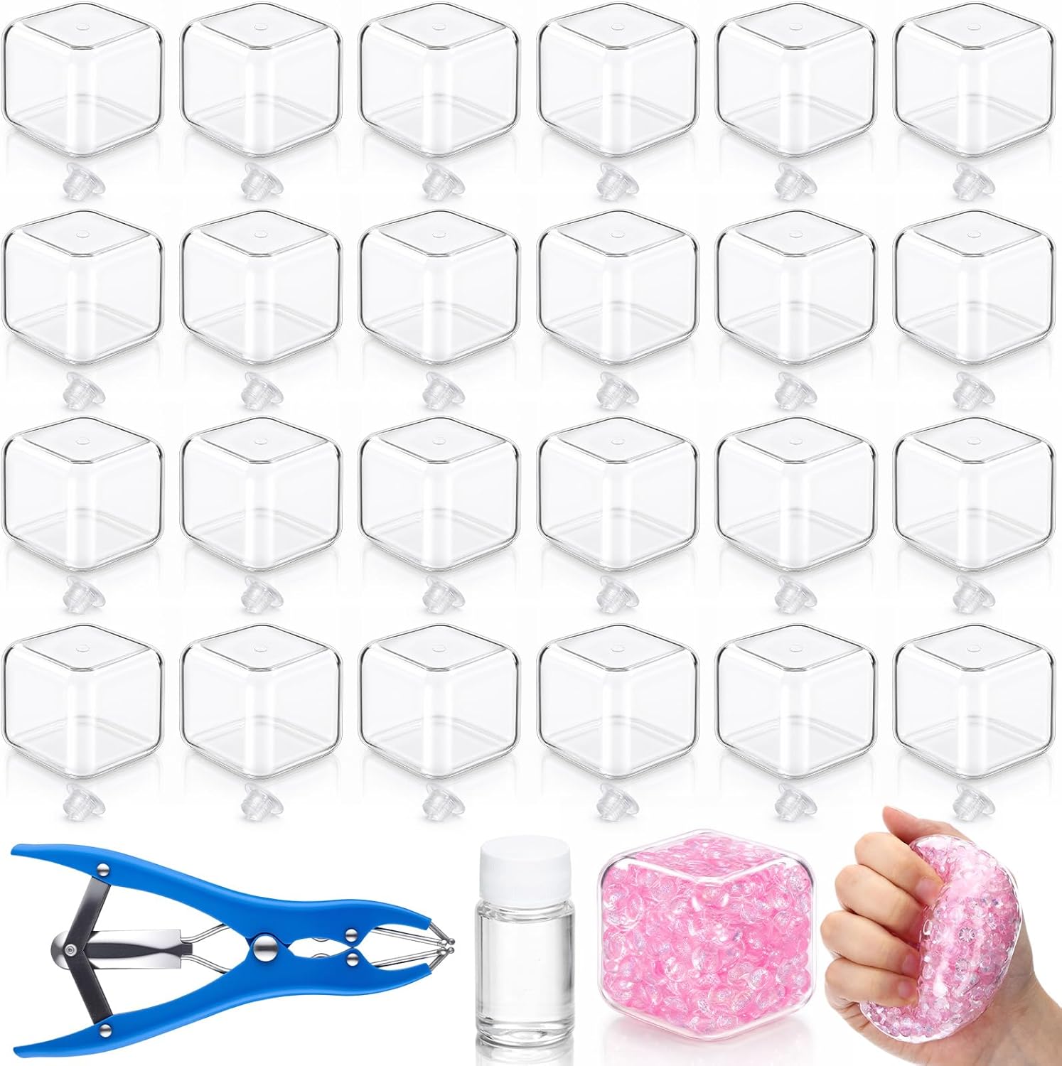 24 Pcs DIY Stress Ball Making Kit, Blank Clear Stress Pressure Balls Skin Kit with Vacuum Evacuating Device & Expander Tool Make Your Own Fidget Pressure Balls for Adults(Cube)