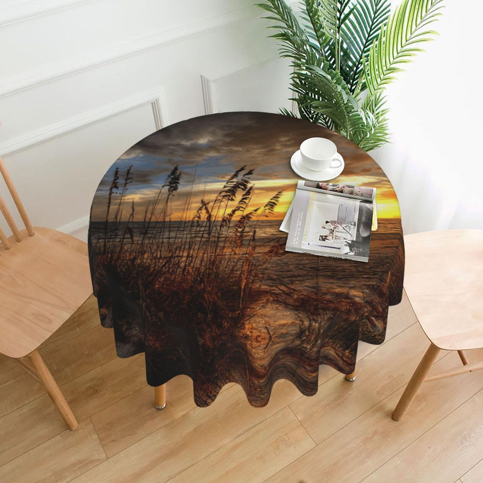 Zcmkjlg Calm Coastal Scene Print Quick Ship Round Tablecloth 60in Polyester Washable Cover for Dining Room