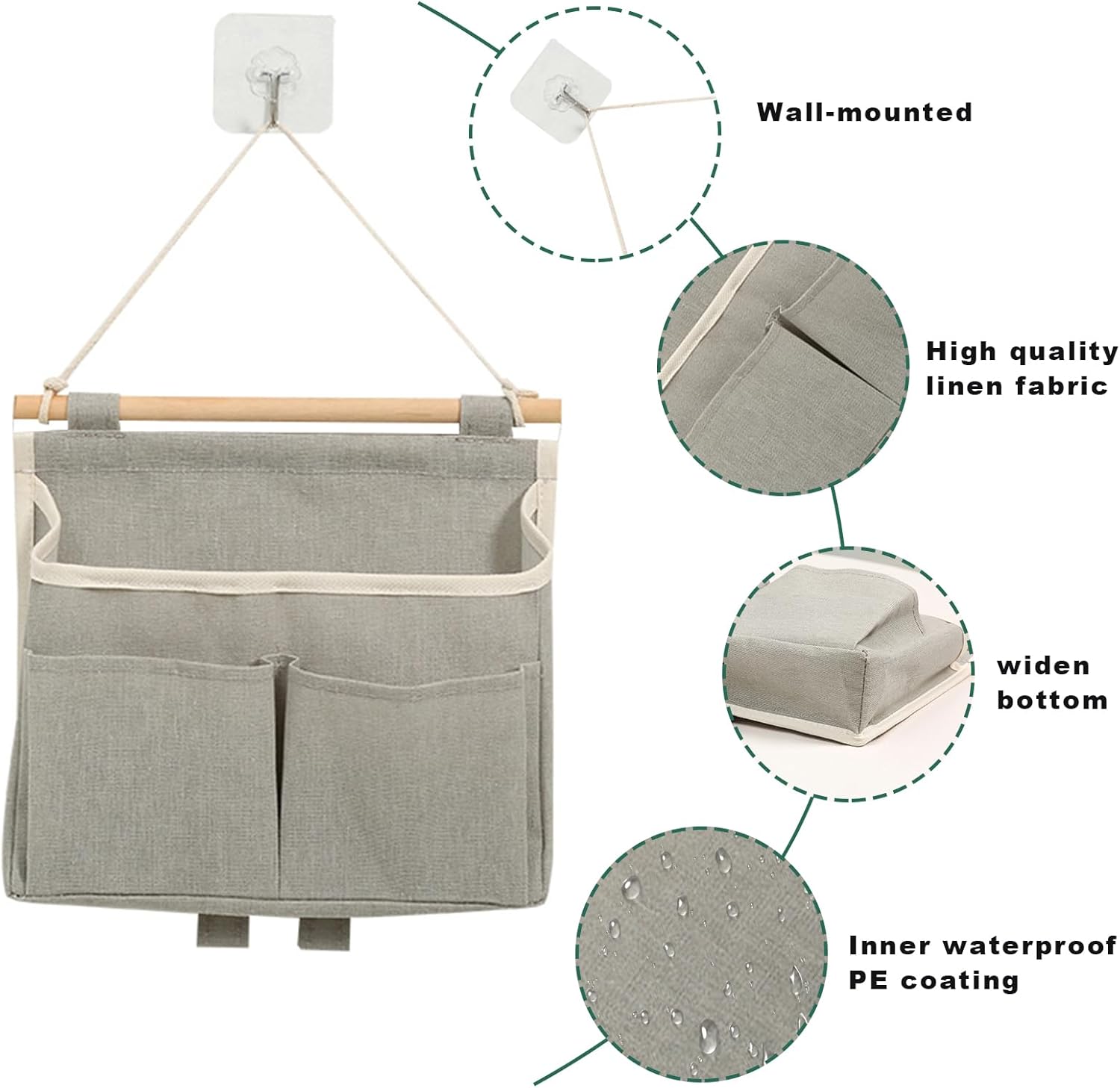 4 Pcs Wall Hanging Storage Caddy Bags, Wall Hanging Organizer Bag with Hooks, Linen Cotton Fabric Hanging Wall Door Organizer, Waterproof Hanging Pouch File Magazine Wall Mount Organizer for Bedroom