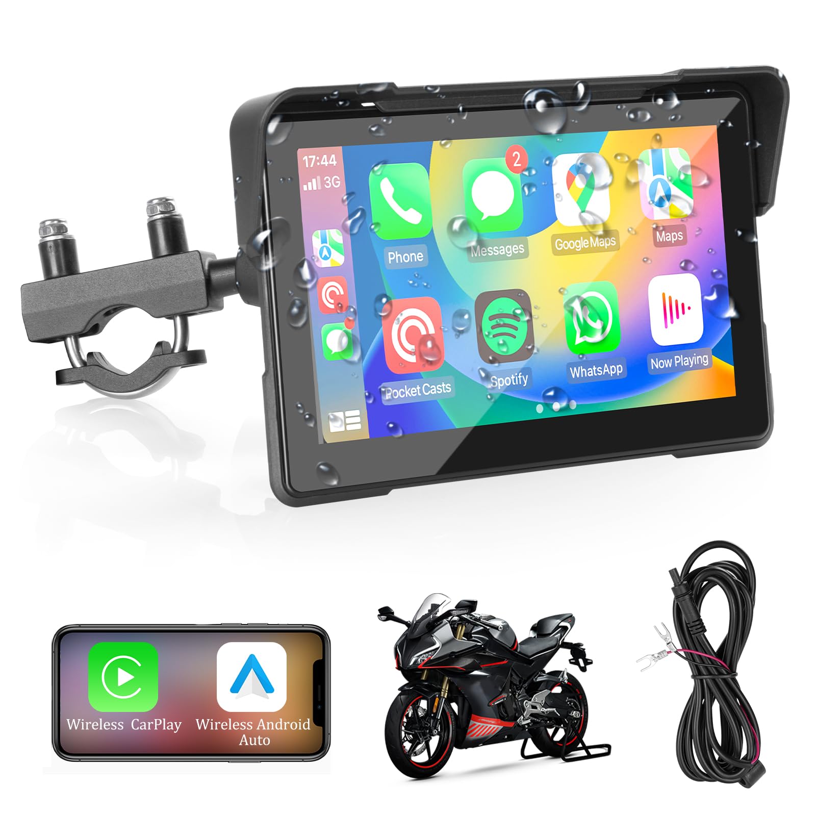 Wireless Apple Carplay and Android Auto Screen for Motorcycle, 7’’ Portable Touch Screen with Dual Bluetooth 5G WiFi IPX6 Waterproof, Support Siri and Google Assistant