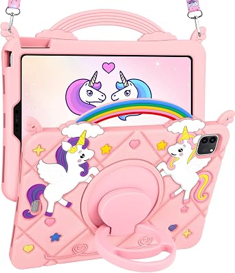 Uppuppy for iPad Air 11 inch CaseAir M4 2026, 8th Gen/M3 2025/M2/Air 5th/4th Gen 10.9", for iPad Pro 11 inch Case4th/3rd/2nd/1st Gen - Pink Unicorn Cover with Rotating Stand & Strap for Girls