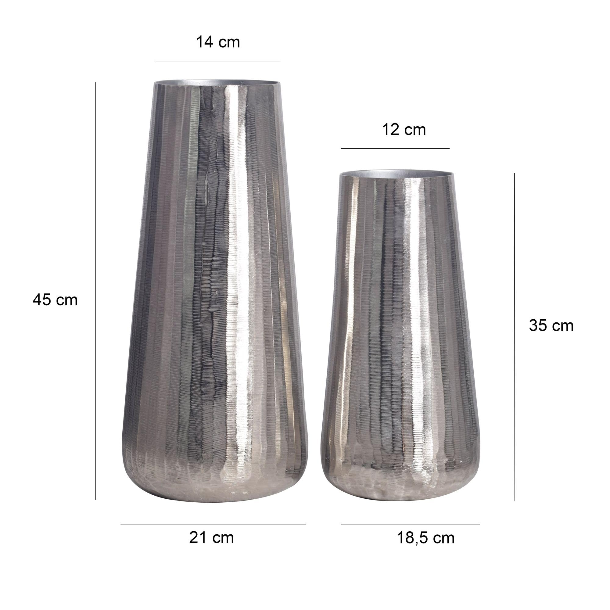 FineBuy Vase 2er Set Aluminium Silber Konisch, Blumenvase | Dekovasen rund, Tischvasen handgefertigt, Wohndeko für Wohnzimmer, Sideboard und Esstisch, Tischdeko