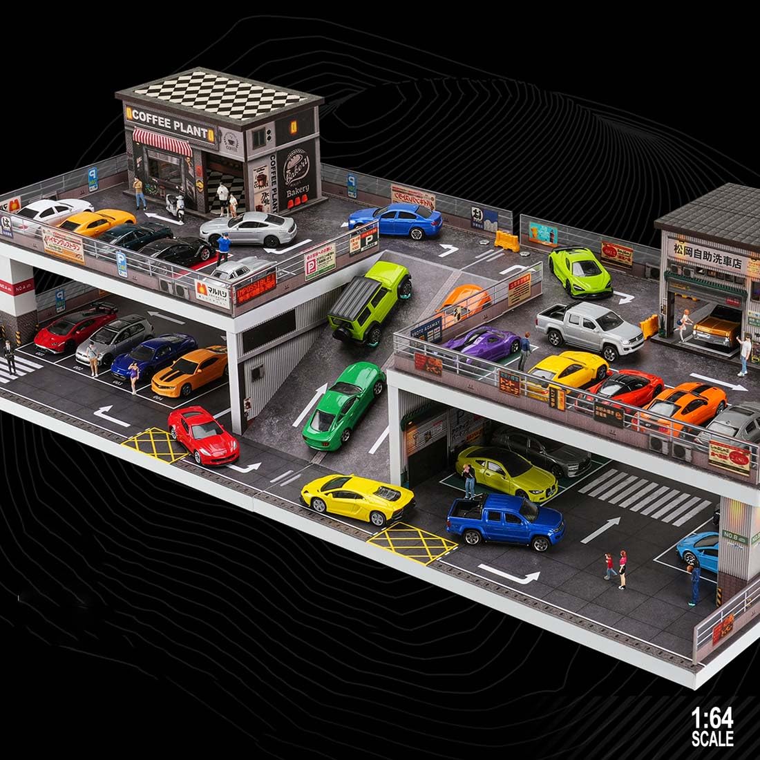 Skala 1/64 parkingu, myjnia samochodowa, model sceniczny ze światełkami, budynek dioramy, miniaturowy domek dla lalek (figurki i modele samochodów nie wchodzą w zakres dostawy)
