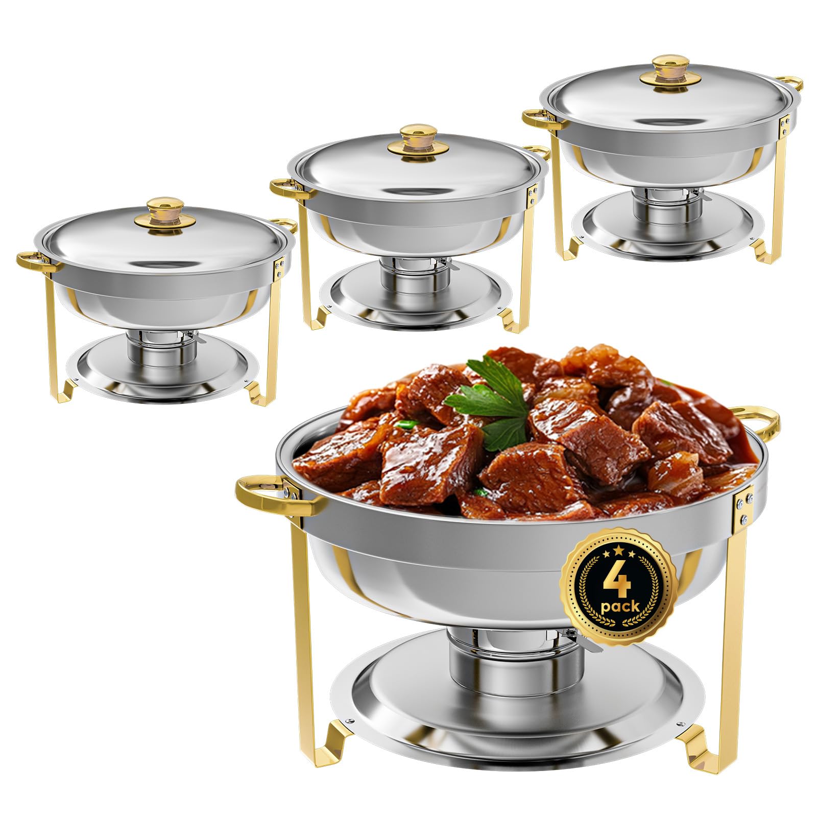 IMACONE Juego de 4 platos de roce redondos de acero inoxidable de 5 cuartos para catering, fogatas mejoradas y calentadores de buffet con bandeja de alimentos y agua, tapa, marco dorado, soporte de