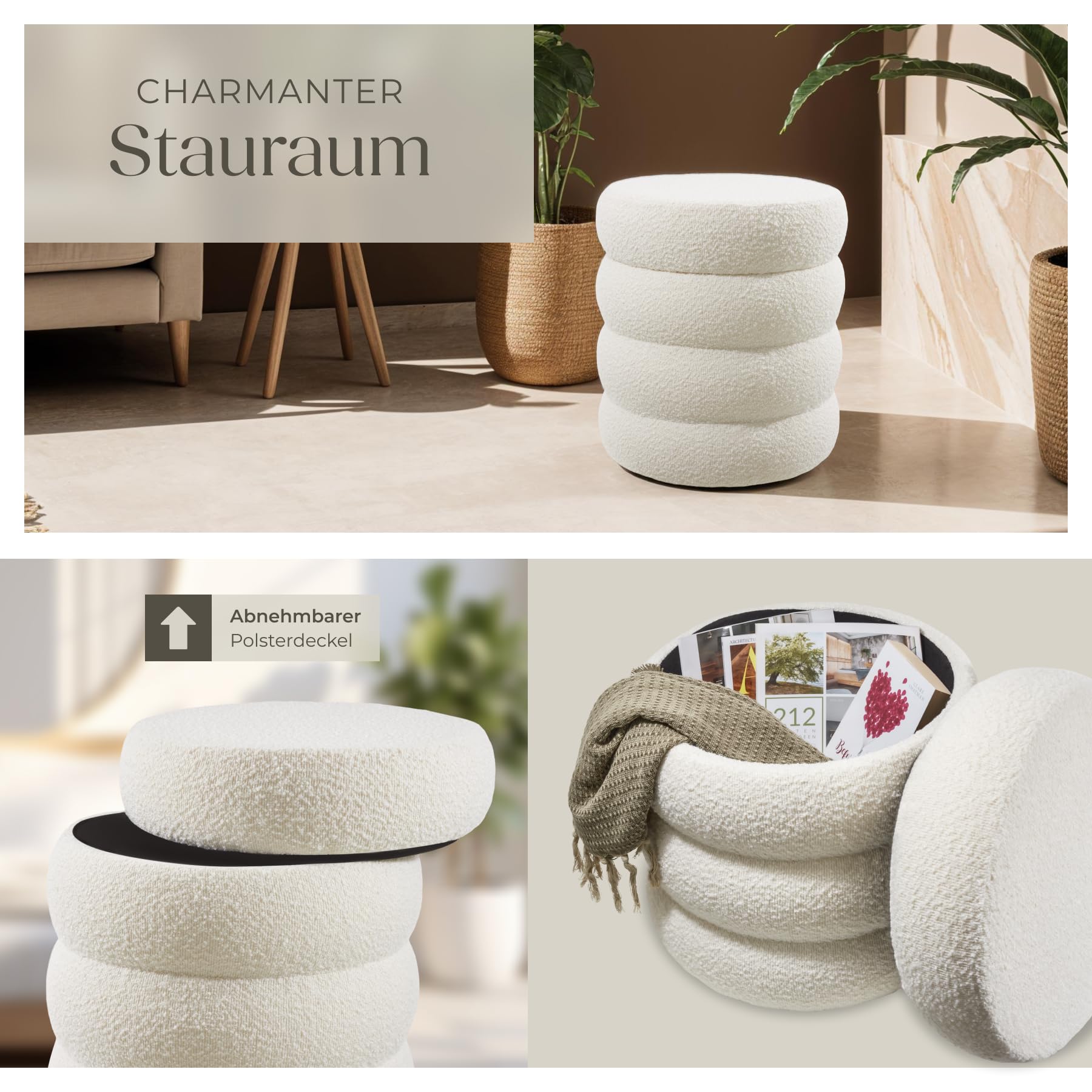 tectake® Hocker mit Stauraum, Scandi Sitzhocker Bouclé Teddy Stoff, Pouf, Polsterhocker rund für Schminktisch, Wohnzimmer Möbel, als Flur Möbel, Stauhocker Wohnen, Ø 42 x 47 cm - Bouclé Creme-weiß