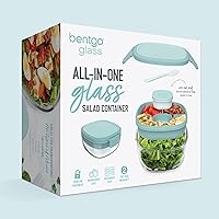 Vista 7 de Bentgo Recipiente de ensalada de vidrio todo en uno - Ensaladera grande de 61 onzas con tapa, bandeja estilo bento de 4 compartimentos, recipiente