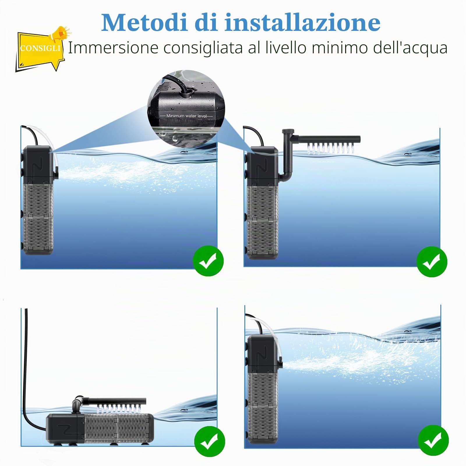 AQQA Filtro per Acquario, Regolabile Silenzioso 800L/H Filtro Interno per Acquario per Acquario 250L Pesci e Tartarughe (9W)