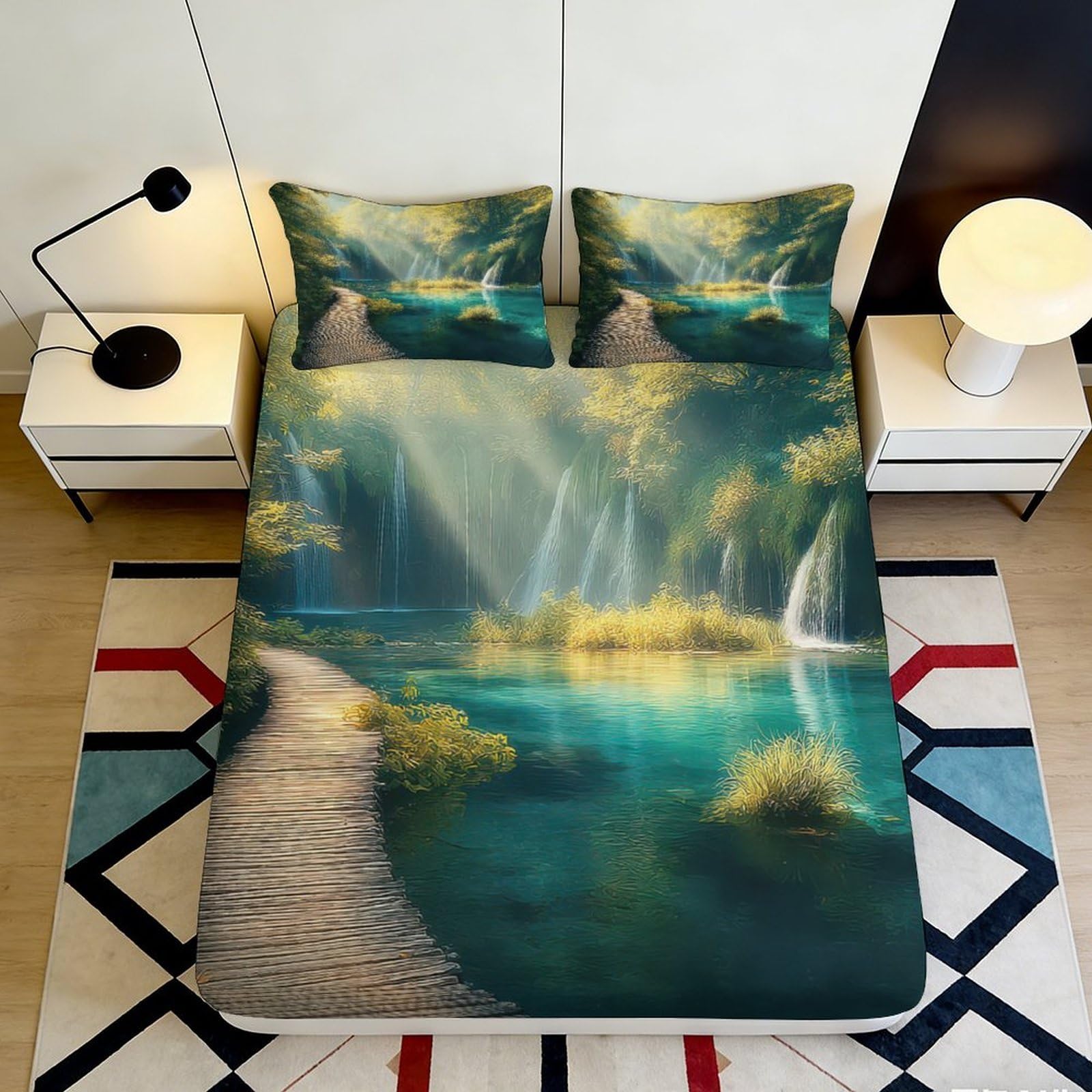 3D Printed Forest Waterfall Fitted Sheet Microfiber Soft Breathable Scenic Lake Bed Cover for Bedroom Dormitory Guest Room Mattress Protection Decor 200x200x25cm