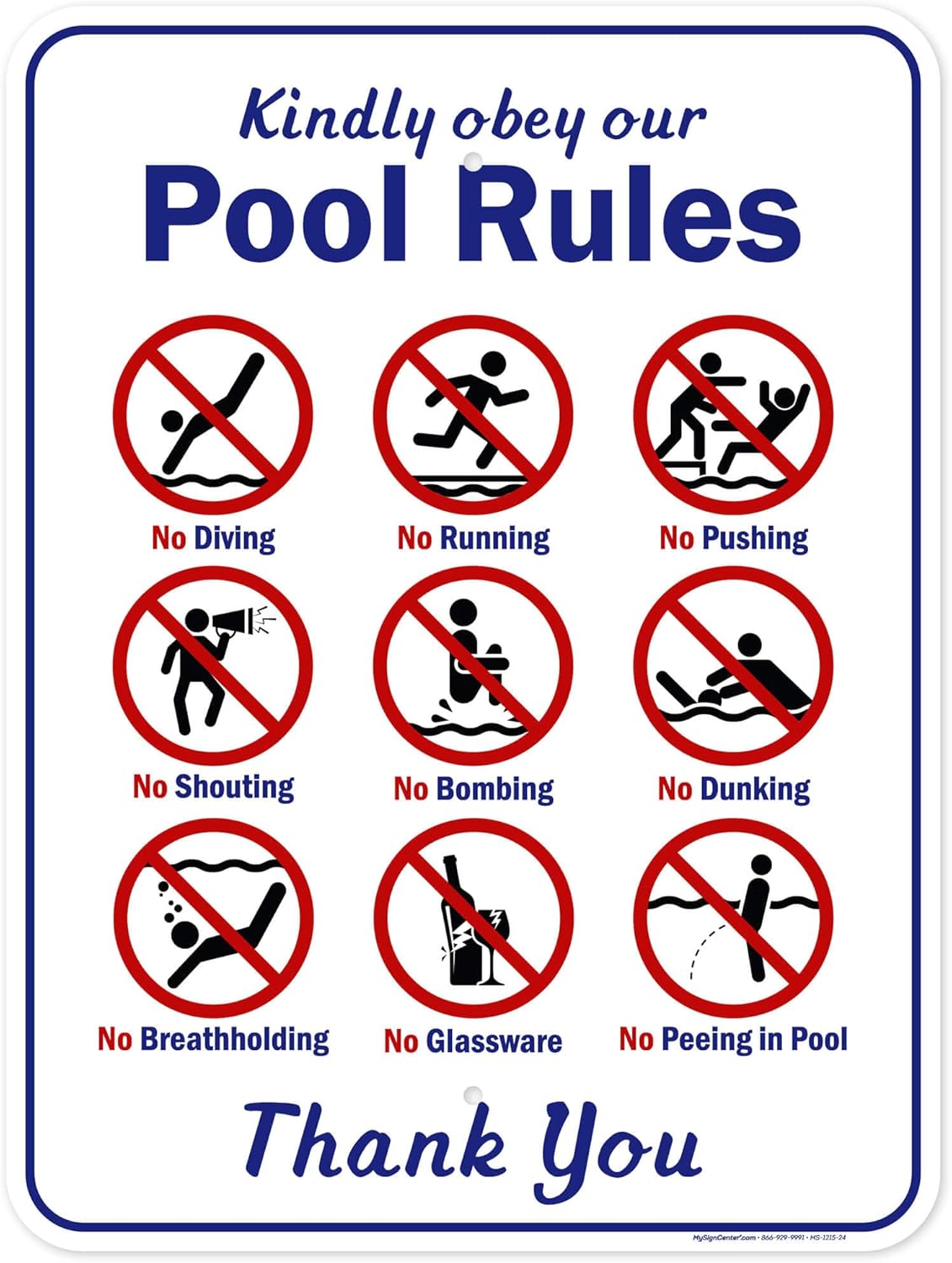 Kindly Obey Our Pool Rules Sign, 18x24 Inches, Rust Free .063 Aluminum, Fade Resistant, Made in USA by My Sign Center