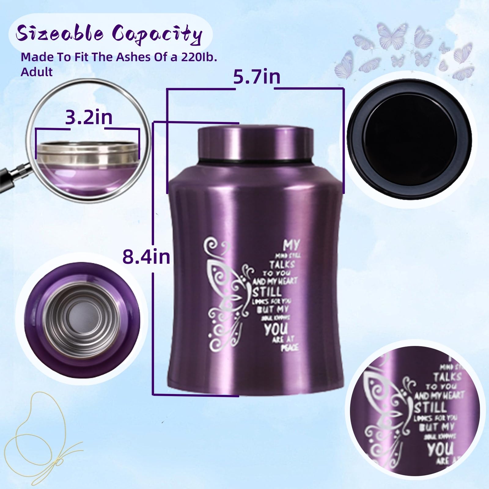 Urns for Human Ashes Adult Female and Male,Large Stainless Steel Keepsake Urn Butterflies Decorative Cremation Urns for Ashes for Women Up to 220 LBS,Funeral Memorial with Beautiful Design