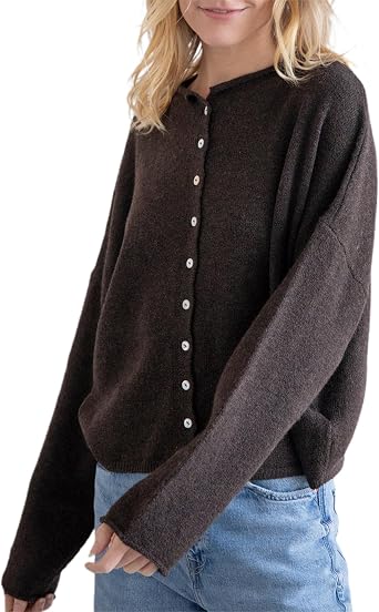 Women Casual Knit Cardigan Long Sleeve Crew Neck Button Down Mohair Open Front Sweater Fall Winter Knitted Outerwear