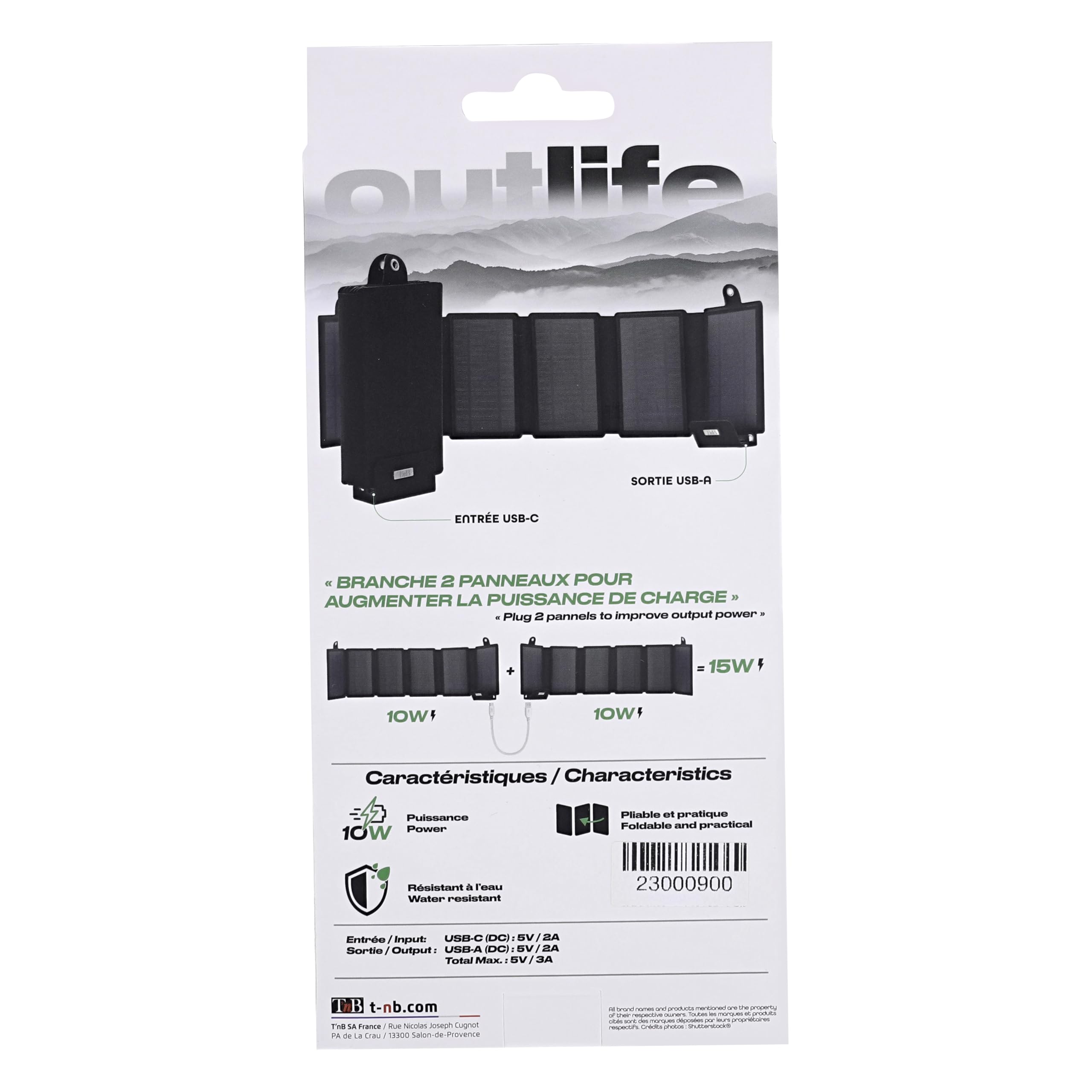 T'nB - Panneau de Recharge Solaire Pliable 15W OUTLIFE - Noir