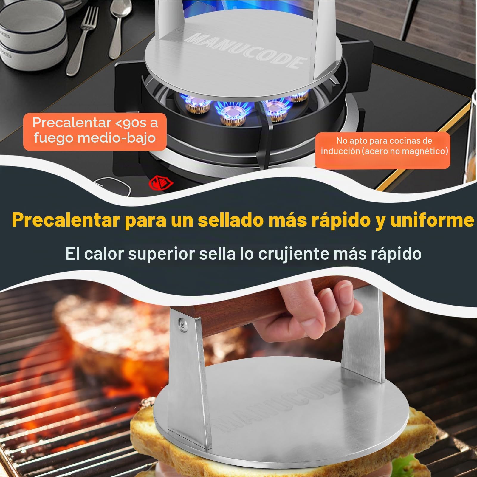 Prensa para hamburguesas de acero inoxidable, 17 cm, 1000 g, aplastador de hamburguesas, aplastador de carne para bistec