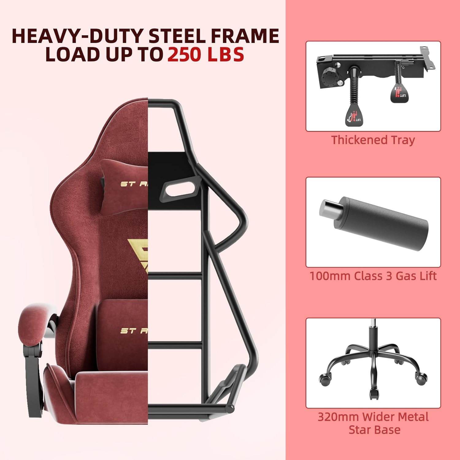 Huracan Velvet Fabric Gaming Chair with Footrest for Adults, Ergonomic Gaming Chairs with Massage Lumbar, Reclining Racing Computer Chair with Spring Cushion for Home Office Video Game, Red