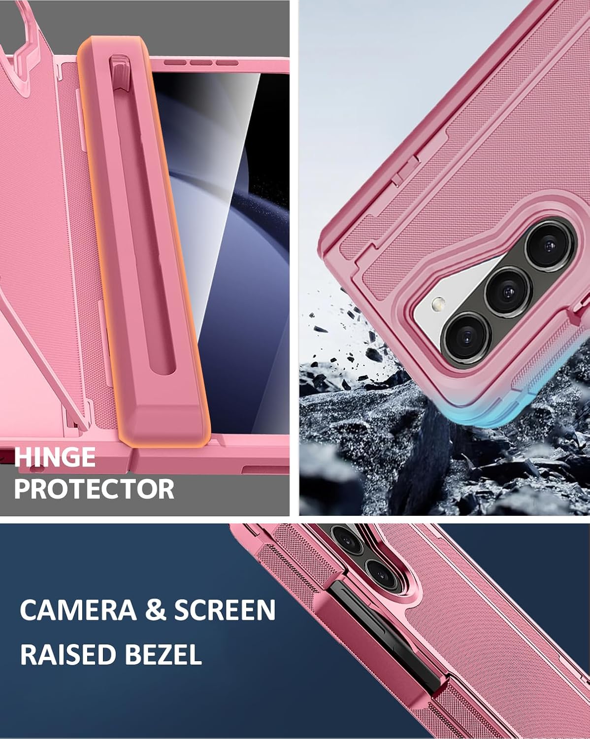 NINKI Stylus for Samsung Galaxy Z Fold 5 Case with Slim S Pen Holder and Hidden Kickstand, Hinge Screen Protector Phone Cover for Samsung Z Fold5 Case with S Pen Slot & Stand Women – Two Tone Pink