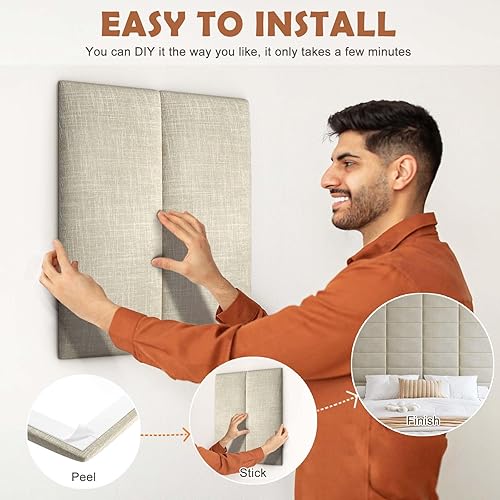 Miniatura 5 de IFNOW Cabecera tapizada para montar en la pared, paneles de pared 3D insonorizados para despegar y pegar para tamaño Queen, cabecero de cama