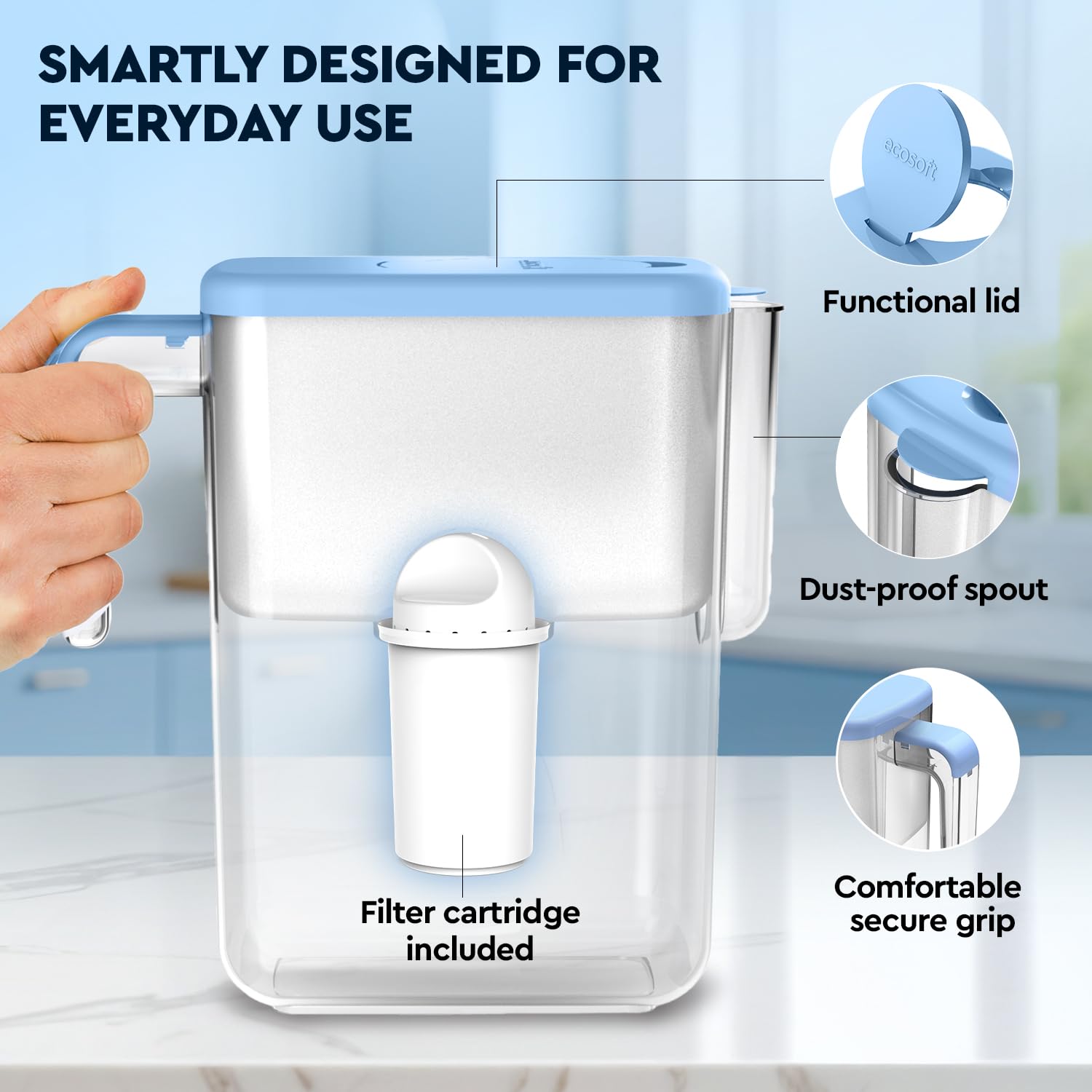 Ecosoft Slim Dzbanek filtrujący wodę – kolor niebieski, pojemność 3,5 l, redukcja chloru i limonki, kompaktowa konstrukcja na lodówkę, w zestawie filtr
