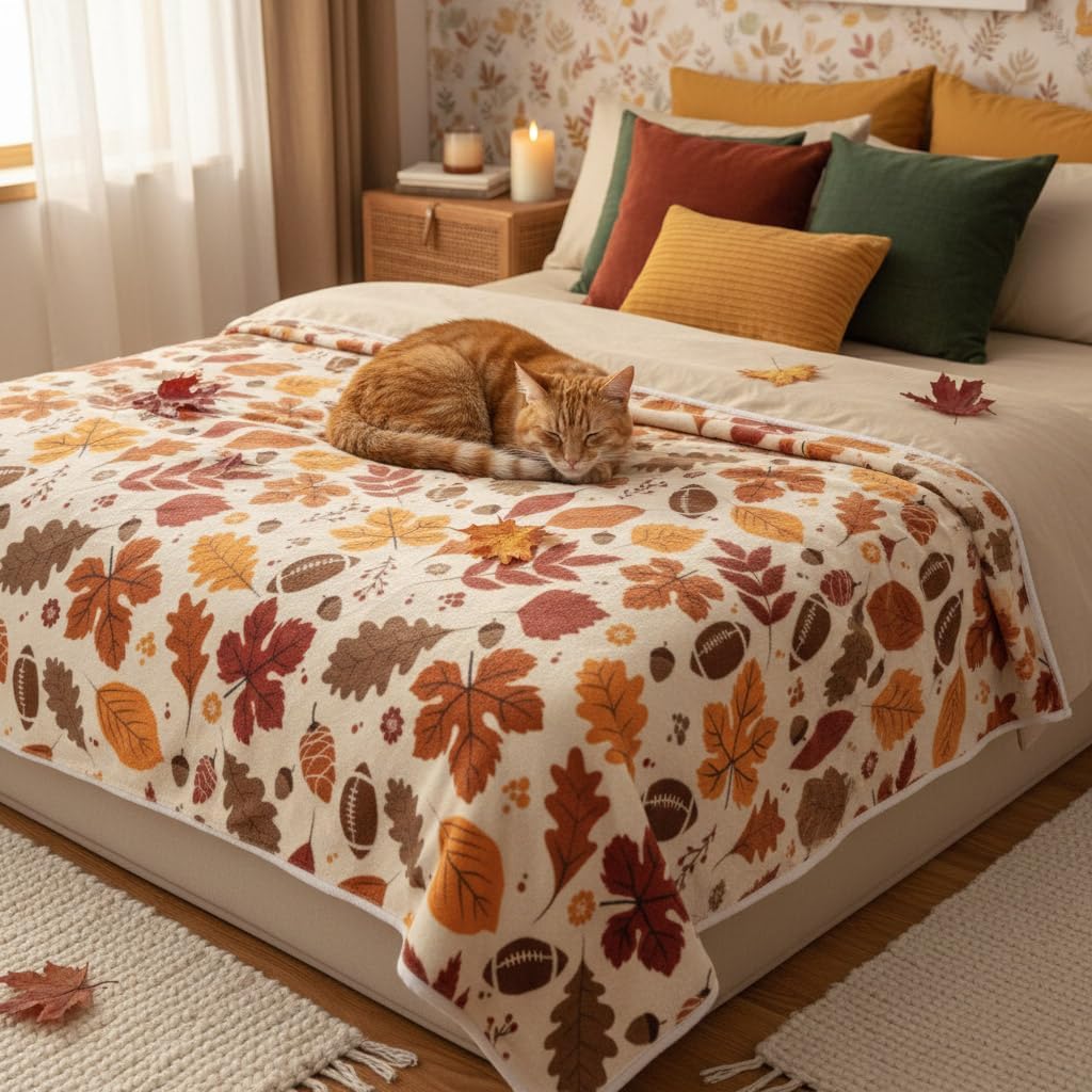 DYNH Fall Sports Throw Blanket, Fall Autumn Brown Football Rugby Game Colorful Maple Leaf Leaves and Pine Cone Throw Blankets,Cozy Soft Fleece Fuzzy Throw Blanket for Bed Couch Sofa Chairs,51X60