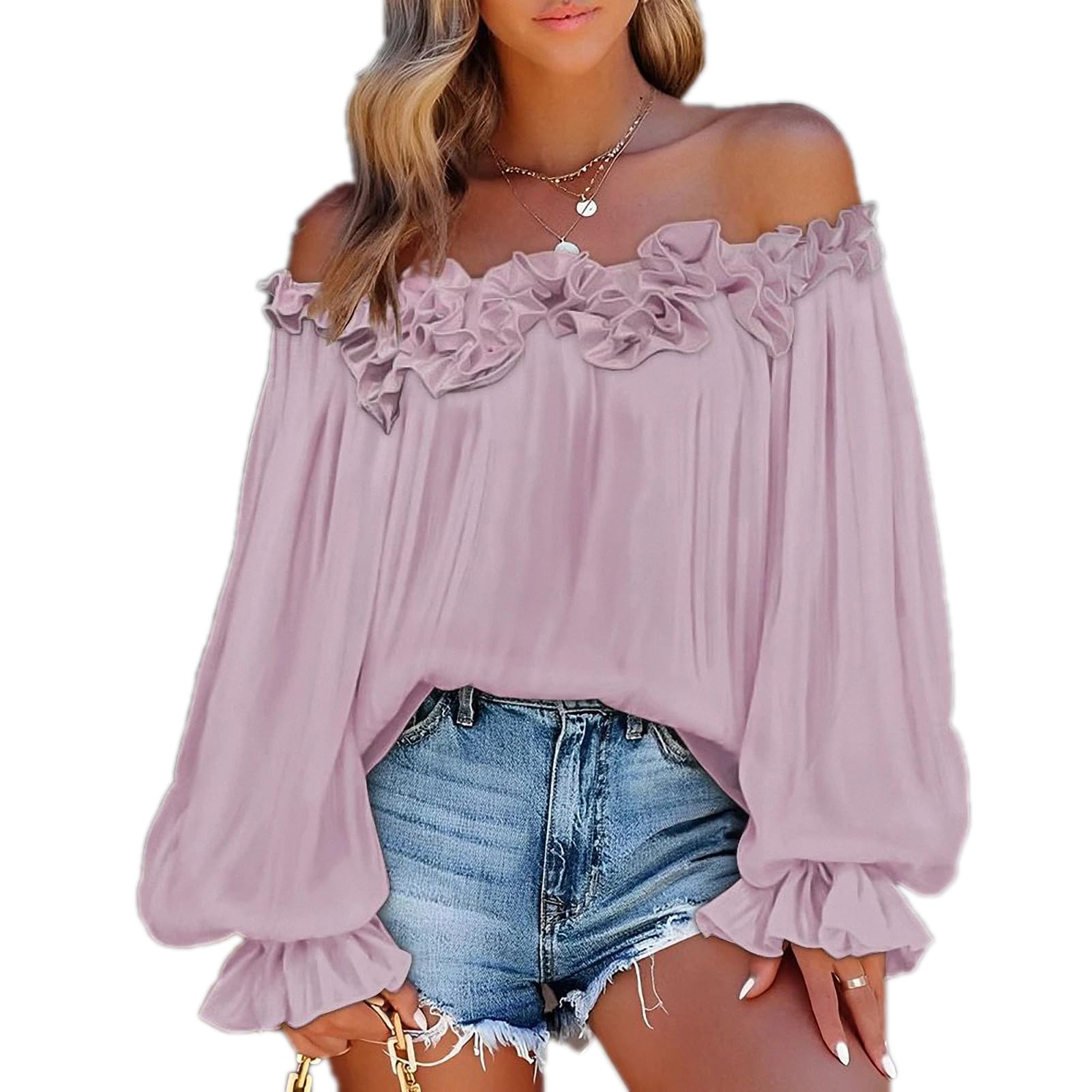 Ruffle Hem Lantern Sleeve Shirts for Women Off The Shoulder Design Casual Blouse Tied Detail Top Elegant Spring Outwear